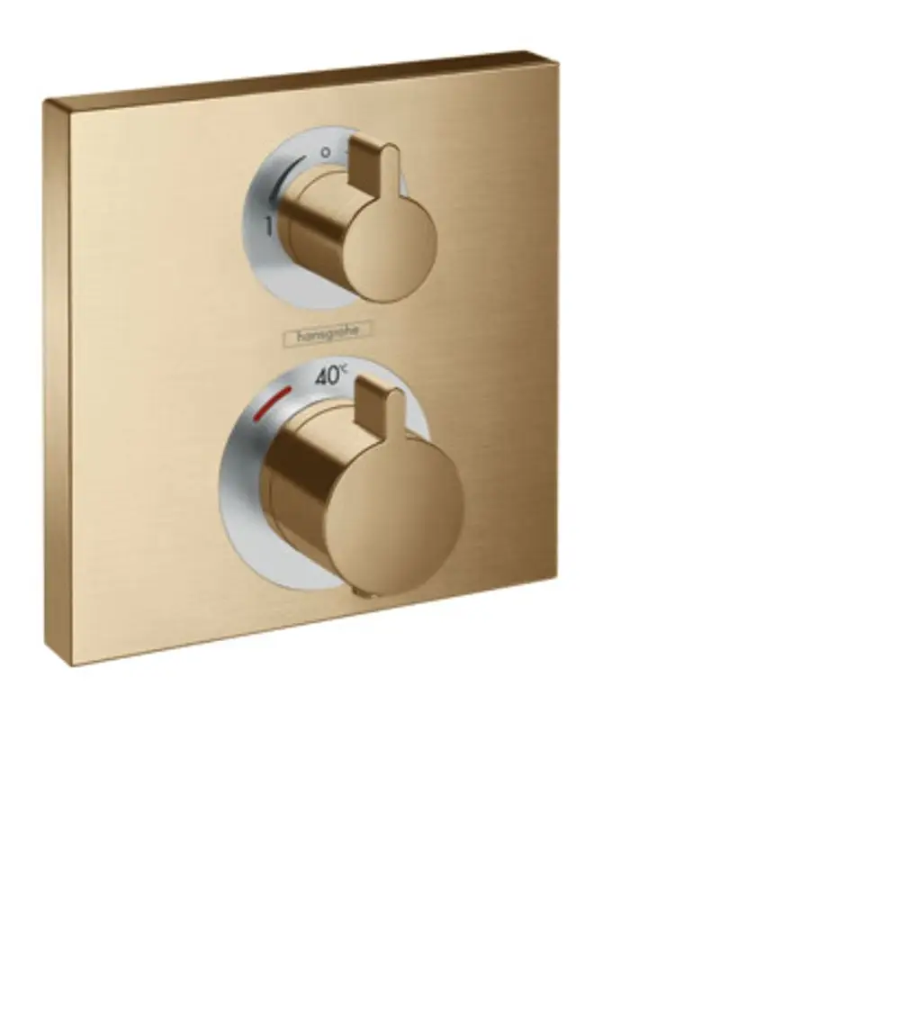 Thermostat von Hansgrohe mit zwei Drehknöpfen, montiert auf einer quadratischen, gebürsteten Bronzeplatte. Temperatur- und Wasserflussregelung eindeutig erkennbar.
